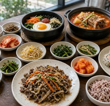 Bowls of rice, kimchi and small side dishes around shared Korean dishes on a restaurant table
