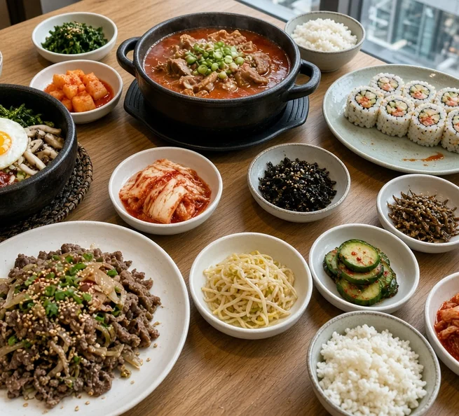 Korean dishes and small side dishes shared on a wooden restaurant table by the window
