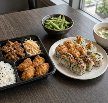 Bento box with rice and fried chicken beside a plate of sushi rolls on a restaurant table