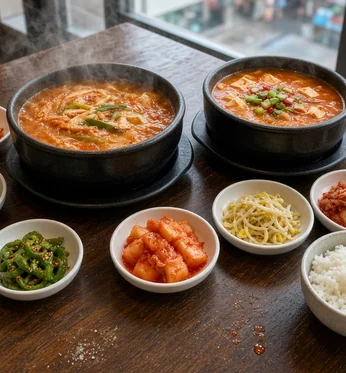 Pots of red Korean stew with rice and side dishes on a restaurant table
