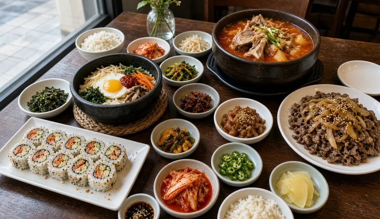 Korean dishes, sushi rolls and small side dishes shared on a restaurant table