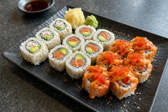 Assorted sushi rolls with salmon, avocado and spicy tuna topped with tobiko, with ginger and wasabi