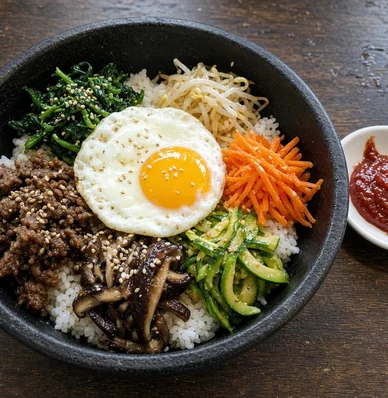 Bibimbap in a black stone bowl with vegetables, mushrooms, beef and a fried egg, with gochujang on the side