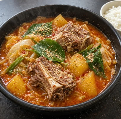 Gamjatang pork bone soup with potato, cabbage and perilla leaves in a red broth, with a bowl of rice