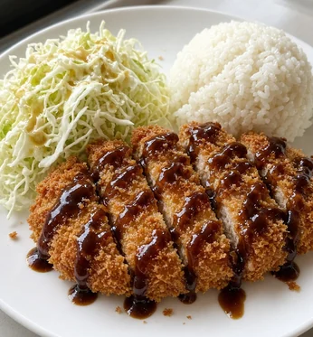 Breaded pork tonkatsu with tonkatsu sauce, shredded cabbage and a scoop of rice