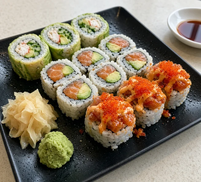 Assorted sushi rolls with salmon, avocado and spicy tuna topped with tobiko, with ginger, wasabi and soy sauce