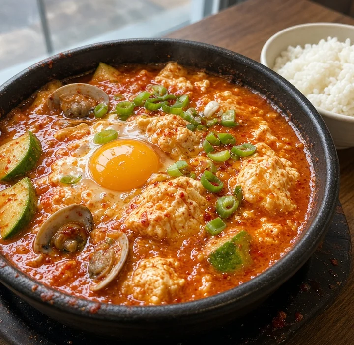 Soondubu soft tofu stew with clams, zucchini, green onion and an egg yolk in a red broth, with a bowl of rice