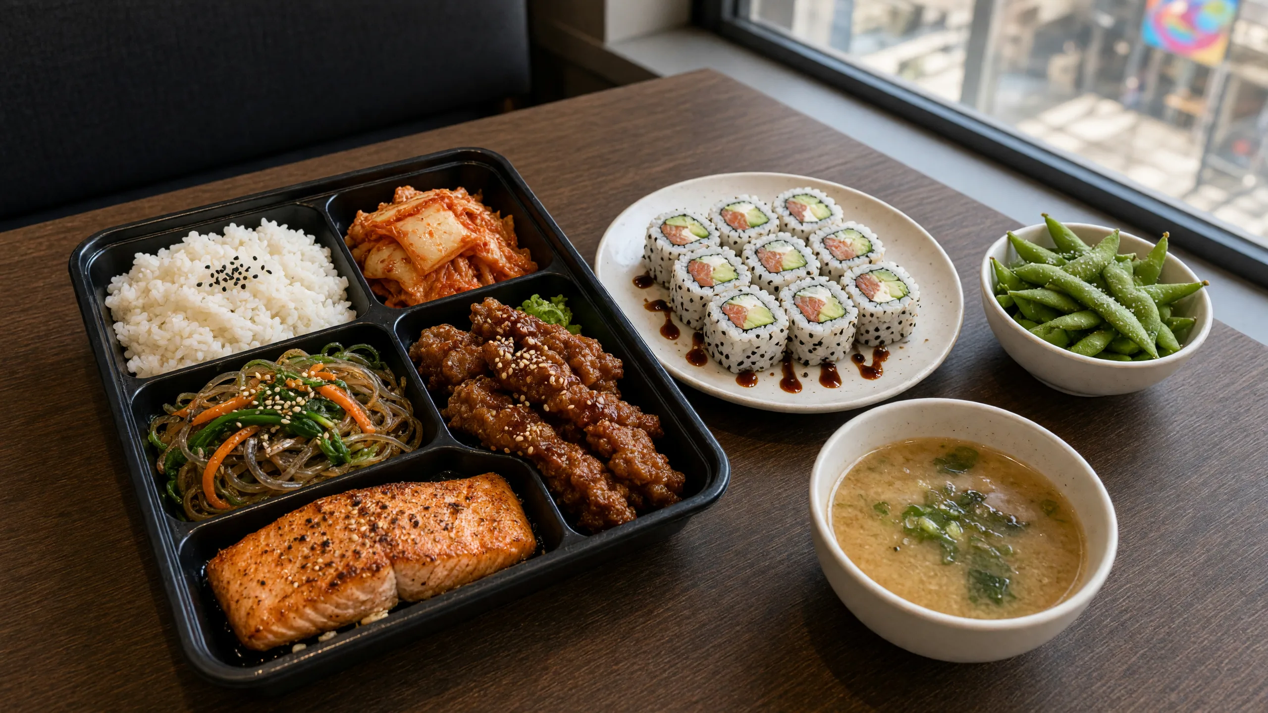 Bento box with rice, kimchi, glass noodles, spicy pork and salmon, with sushi rolls, miso soup and edamame on a restaurant table by the window