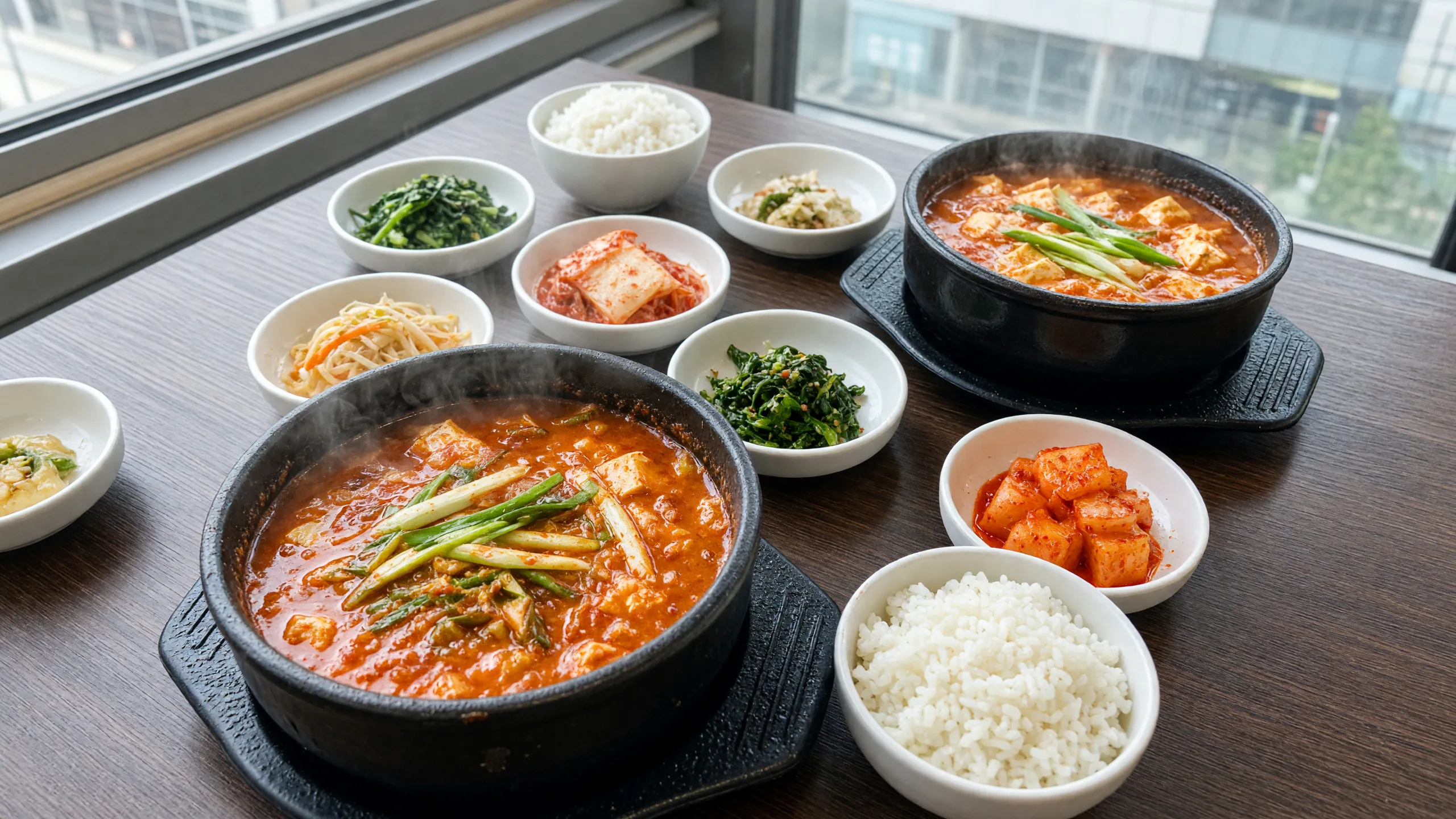 Two pots of spicy Korean tofu stew with bowls of rice and small side dishes on a restaurant table by the window