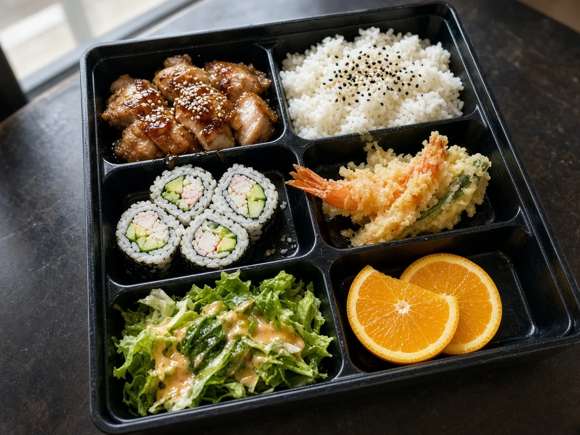 Bento box with rice, glazed chicken, California roll, tempura, salad and orange slices on a restaurant table