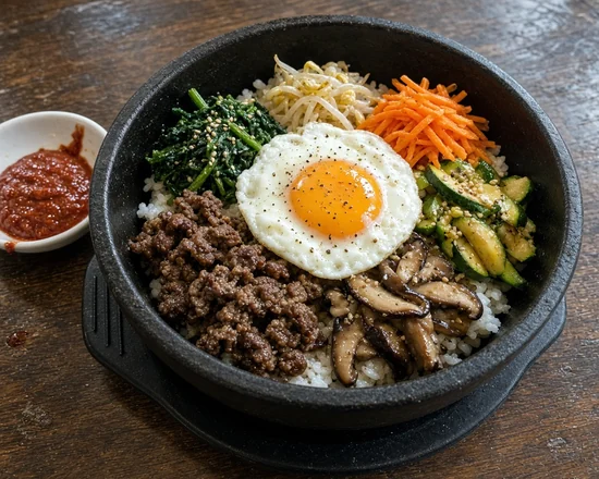 Bibimbap in a black stone bowl with spinach, bean sprouts, carrot, zucchini, mushrooms, beef and a fried egg, with gochujang on the side