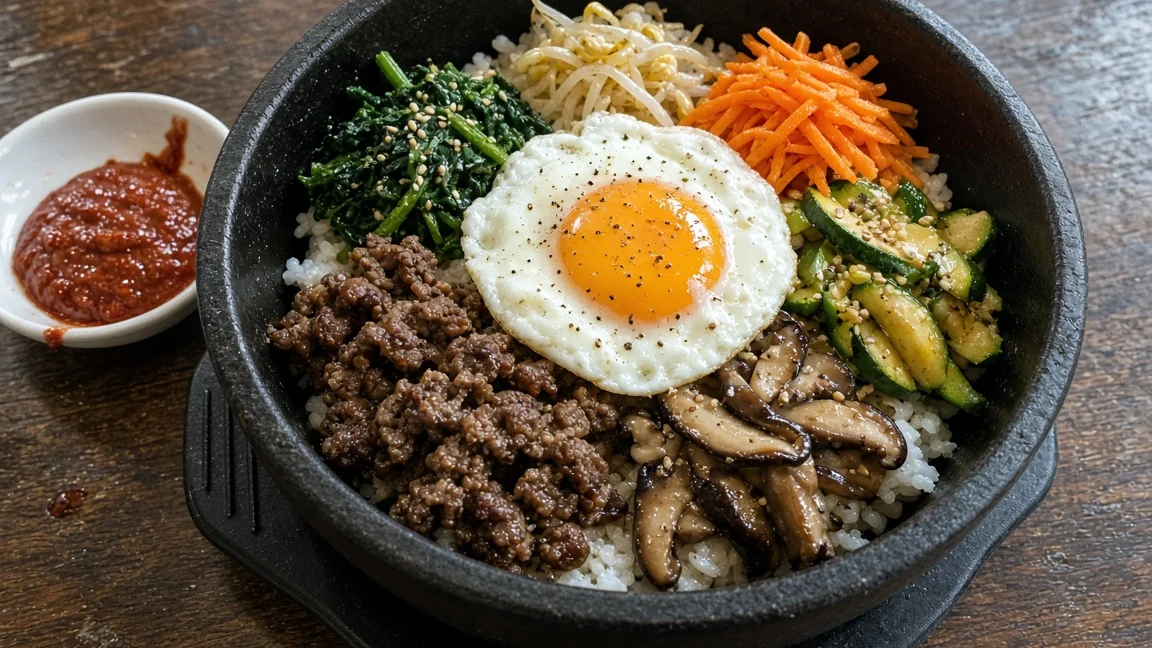 Bibimbap in a black stone bowl with spinach, bean sprouts, carrot, zucchini, mushrooms, beef and a fried egg, with gochujang on the side