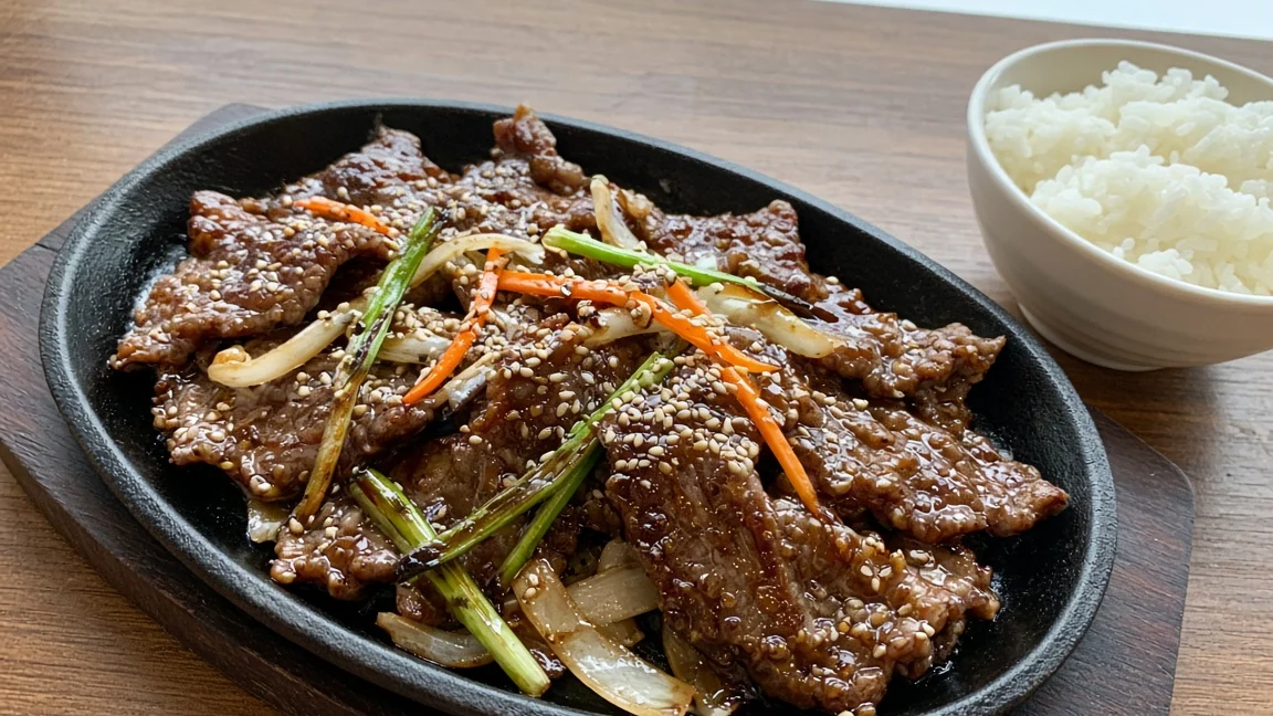 Thin slices of beef bulgogi with onion, green onion and sesame seeds on a black sizzling platter, with a bowl of rice