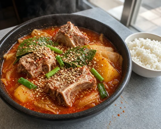 Gamjatan pork bone soup with potato, cabbage and perilla leaves in a red broth, with a bowl of rice