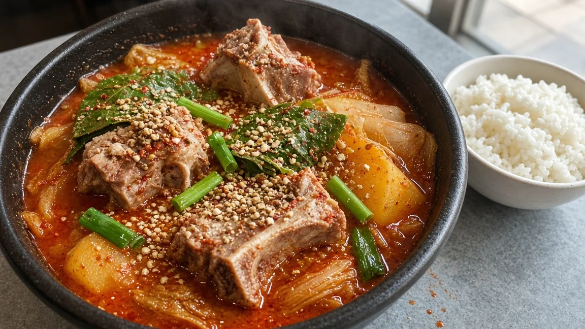 Gamjatang pork bone soup with potato, cabbage and perilla leaves in a red broth, with a bowl of rice