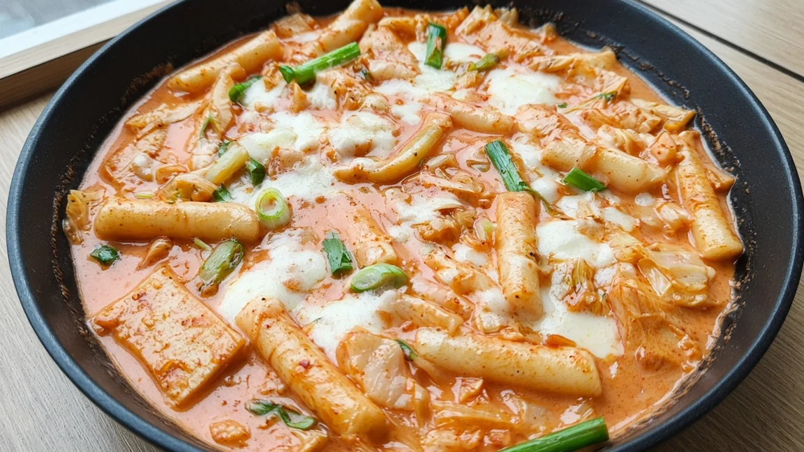 Rose ddeokbokki rice cakes and fish cake in a creamy pink chili sauce with melted cheese and green onion