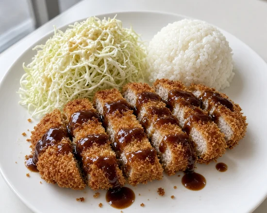 Sliced breaded pork tonkatsu with tonkatsu sauce, shredded cabbage and a scoop of rice