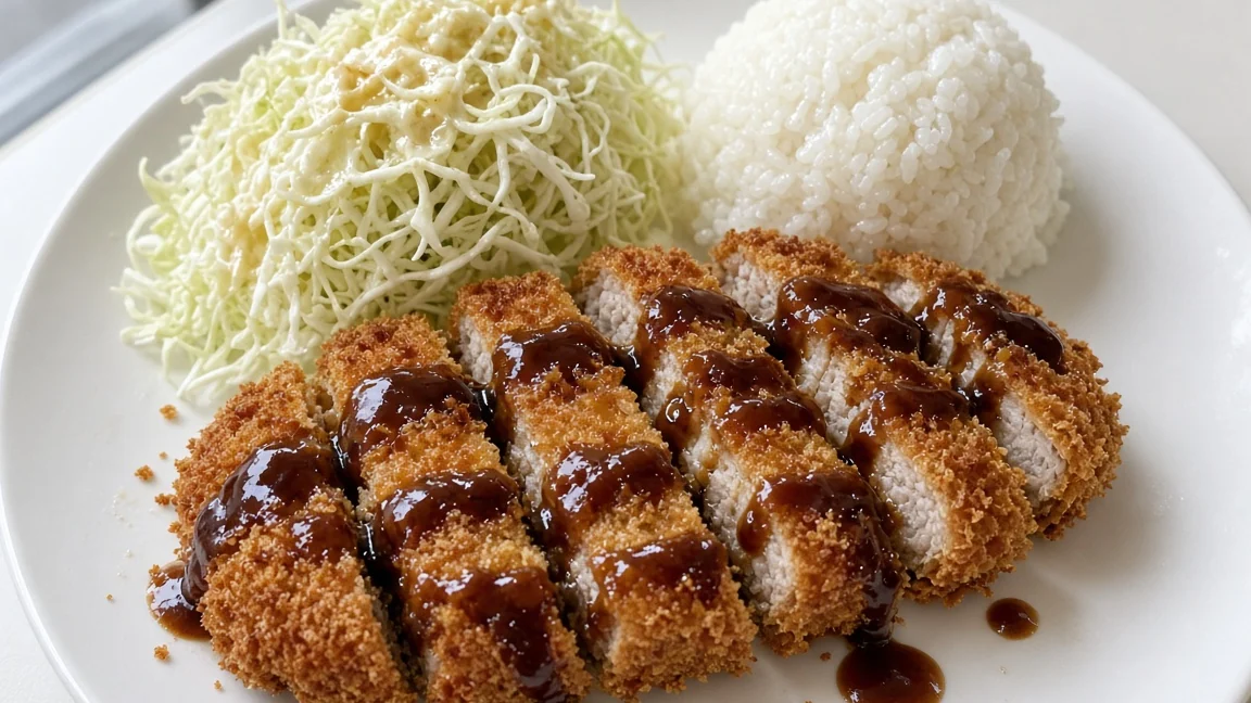 Sliced breaded pork tonkatsu with tonkatsu sauce, shredded cabbage and a scoop of rice